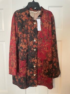 Soft Surroundings Red and Black Floral Button-Front Shirt